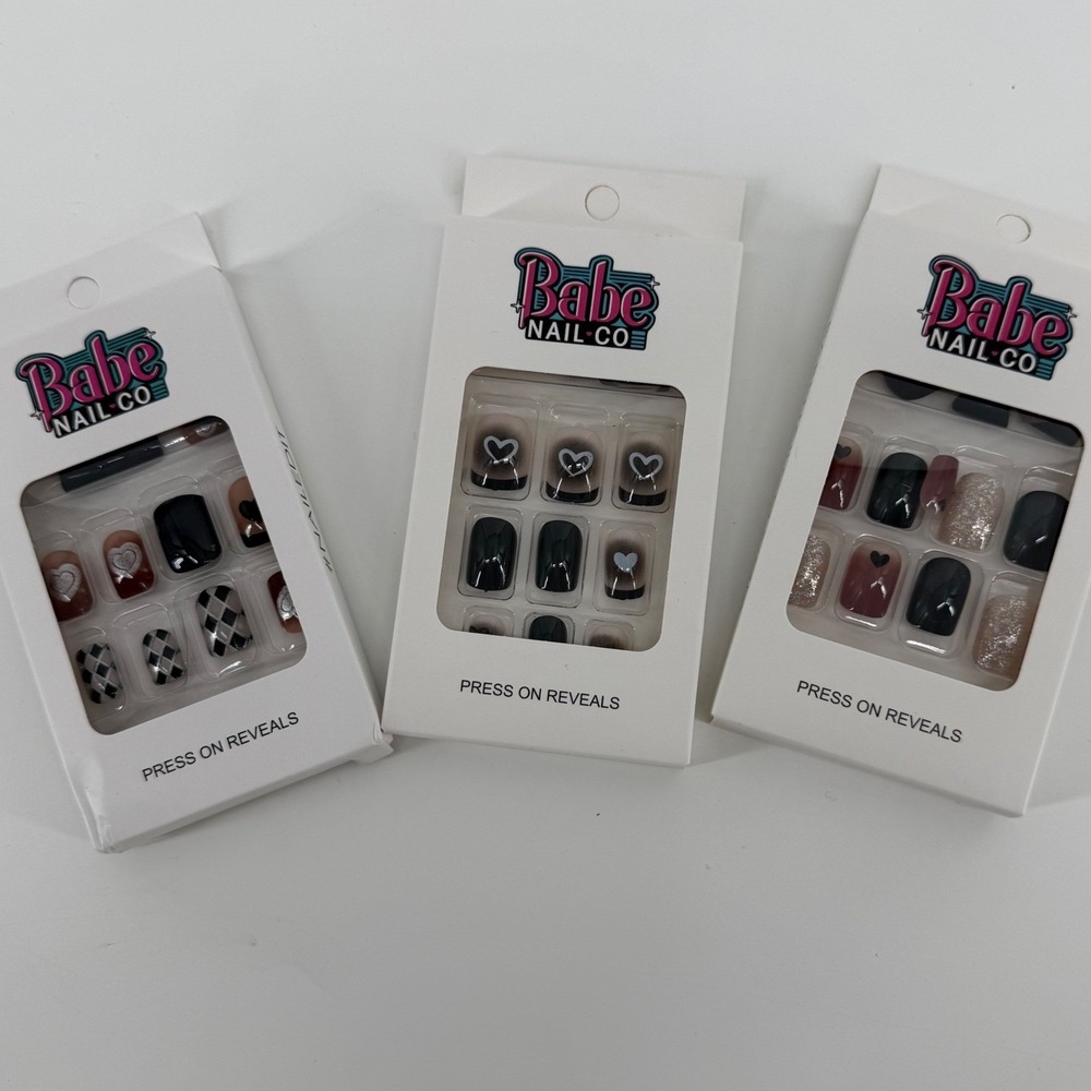 Babe Nail Co Press On Nails 3 pack Valentines Hearts Black‎ Glitter